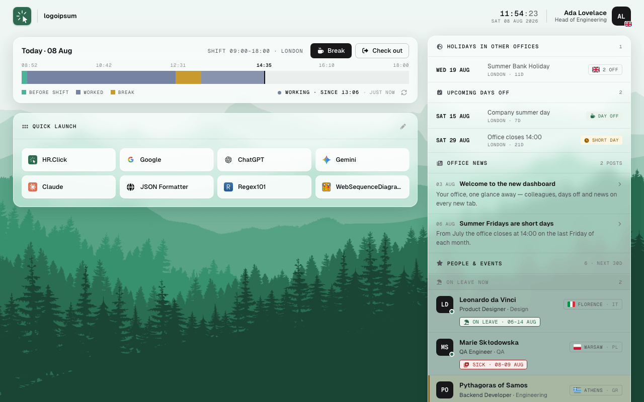 HR.Click new-tab office summary: holidays, upcoming days off, office news and who is on leave